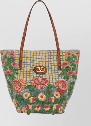 Valentino Garavani floral embroidered raffia shopping tote