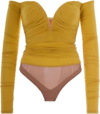 Elisabetta Franchi V-hals Bodysuit met Draping - Dames - Bodies - Geel - L - Tops