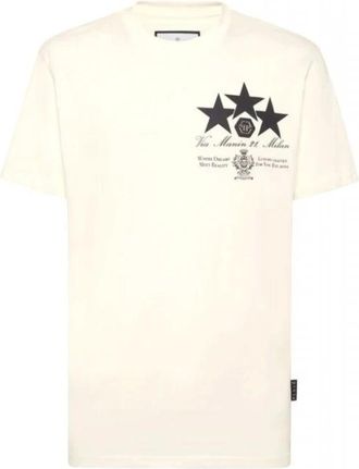 Philipp Plein Ronde Hals T-Shirt Leren Patch Sterren - Heren - T-shirts - Wit - L - Katoen - Tops