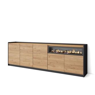 Skraut Home Aparador efecto madera roble y negro 263x37x80cm chimenea efecto fuego