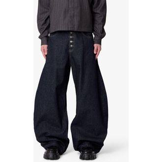 mnml Button Fly Barrel Leg Jeans in Rinsed Indigo at Nordstrom, Size 38