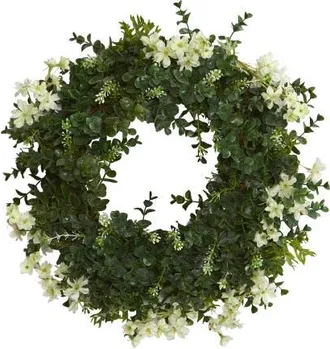 Nearly Natural 18-in Eucalyptus and Dancing Daisy Double Ring Artificial Wreath with Twig Base in Green at Nordstrom