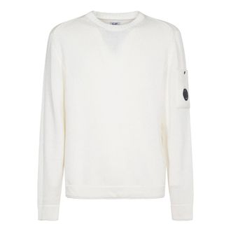 C.P. Company Round-neck Knitwear, male, White, Size: XL White Cotton Sweater with Ribbed Crew Neck and Lens Pocket