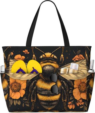 Generic Bee With Flowers Print Large Beach Bag Foldable Travel Shoulder Tote Bag With Pocket For Weekender Pool Vacation