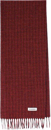 Jil Sander Checkered Virgin Wool Scarf with Fringed Edges and Logo Tag