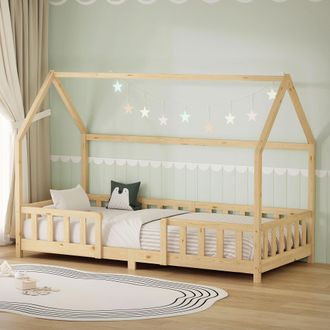 ML Design Ml-design Cama Infantil 90x200 Cm En Forma De Casa, Madera Maciza De Pino Natural Con Protecci&oacute;n Antica&iacute;da, Techo Y Somier De L&aacute;minas, Cuna De Suelo P