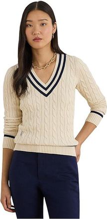 Lauren Ralph Lauren Cable-Knit Cotton Cricket Sweater Womens Sweater Mascarpone Cream/Refined Navy : XS