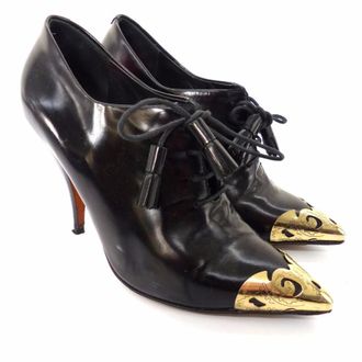 Celine Black Leather Lace Up Heeled Metal Pointed Shoes Size 37