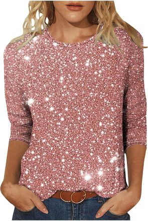 Generic Sequin Tops for Women UK, Sparkly Tops for Women UK 3/4 Sleeve Top Sequin Glitter Graphics Print Tunic Trendy Casual Evening Party Going Out T-Shirt P