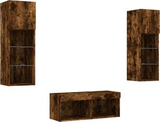 vidaXL Muebles De Tv De Pared Con Luces Led 4 Piezas Roble Ahumado Vidaxl