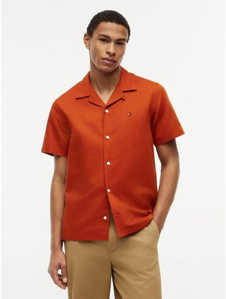 Tommy Hilfiger Mens Regular Fit Cotton-Linen Camp Shirt - Orange - L