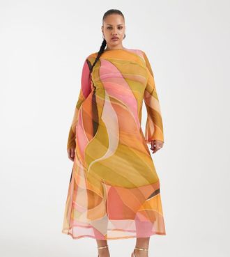 Never Fully Dressed Plus Aria - Vestito lungo a maniche lunghe in rete con stampa astratta multicolore