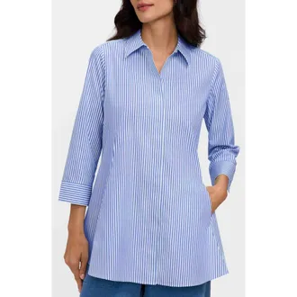 Foxcroft Cici Stripe Cotton Tunic Shirt in Powder Blue/white at Nordstrom, Size 12