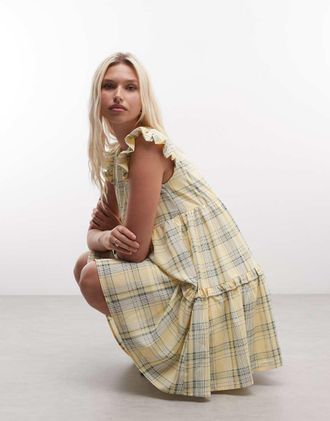 Daisy Street Vestito grembiule corto a balze con volant giallo a quadri-Multi