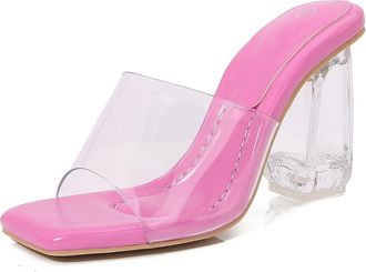 Generic Purple,7.5 UK,Womens Clear Sandals Slingback Slip-on Pumps Crystal Chunky Block High Heel Slippers Open Square Toe Dress Party Wedding Shoes