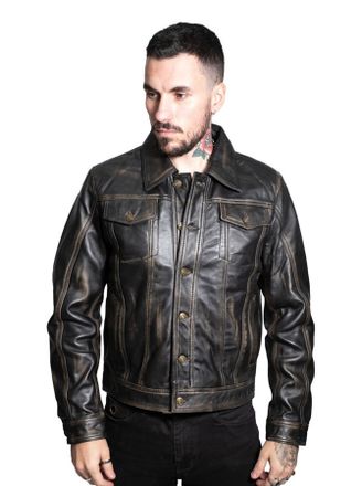 Infinity Leather Mens Mens Retro Trucker Jacket-Constantine - Black - Size X-Large