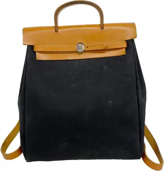 Herm&egrave;s Black Natural Toile Officier Backpack (Pre-Owned)