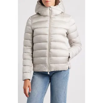 Save The Duck Gretel Faux Shearling Lining Hooded Puffer Jacket in Rainy Beige at Nordstrom Rack, Size 7(Xxl)