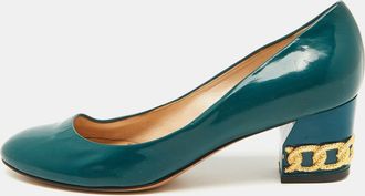 Casadei Teal Green Patent Leather Chain Block Heel Round Toe Pumps