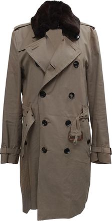 Burberry Pre-owned Mens Belted Double-Breasted Fur-Collared Trench Coat in Beige Cotton - Size EU 48 (Mens)