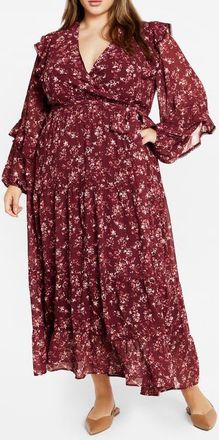 City Chic Arielle Ruffle Long Sleeve Maxi Dress in Red Floral at Nordstrom, Size Xxs
