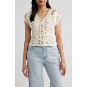 Bobeau Floral Open Stitch Cotton Blend Sweater in Light Oatmeal at Nordstrom, Size X-Large
