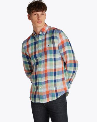 Tommy Hilfiger Mens Linen Summer Madras Long Sleeve Collared Shirt Logo Detail in Medium Blue - Size Large