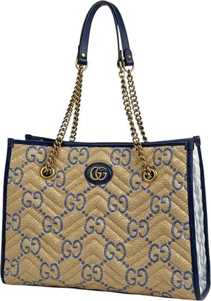 Gucci Beige Navy Fabric Leather Shoulder Bag Tote Bag (Pre-Owned)