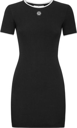 Philipp Plein Kleedjes, Dames, Zwart, L, Katoen, Short Dress Mini Sleeves
