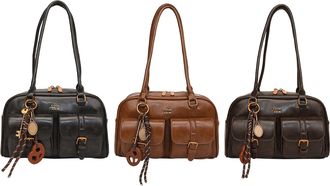 Generic Retro Top Handle Bag with Multiple Pockets PU Leather Handbag for Commute Travel (Khaki)