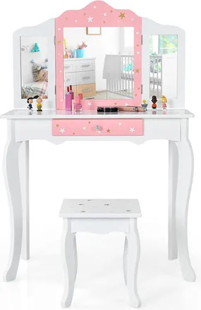 Costway Costway Set Mesa Tocador Y Taburete Para Ni&ntilde;os, Mesa Maquillaje Infantil Con Espejo Tripartido, Caj&oacute;n Con Imprenta De Estrellas