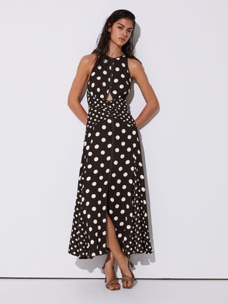 Reiss Chocolate Brown & Polka-dot Cut-out Midi Dress, 14