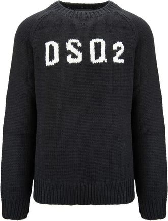 Dsquared2 Heren wollen trui met logo - Heren - Ronde hals truien - Zwart - L - Wol - Truien & Vesten
