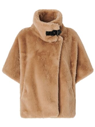 Pinko Short Light Brown Fur Coat with High Collar and Buckle Detail