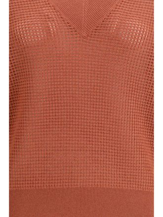 Brunello Cucinelli Womens Sweater Cashmere Net Orange Flame-Oyster Flame/oyster
