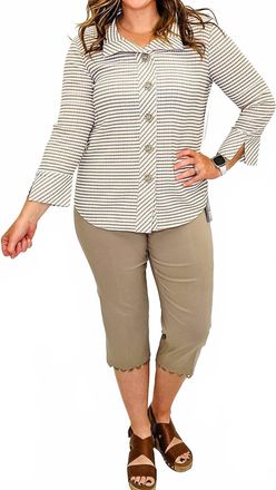Multiples Striped Collared Top In Stone & White