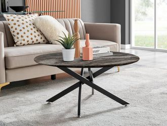 Furniturebox Novara Round Marble Effect Glass Top Coffee Table With Black Metal Starburst Legs in Grey