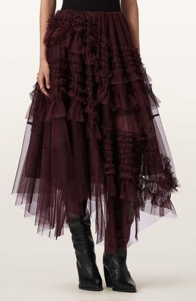 AllSaints Jen Asymmetric Hem Tulle Skirt in Oxblood Red at Nordstrom, Size 6