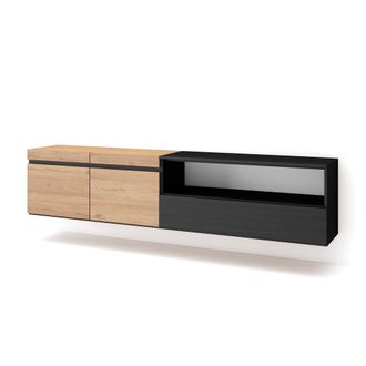 Skraut Home Mobile Tv Soggiorno, Ampio Spazio A Disposizione, 200x45x35cm, Per Tv Fino A 80, Sospeso, Da Appendere, Stile Moderno, Rovere E Nero - Skraut Home