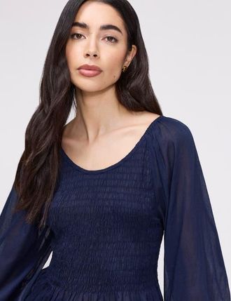 Finery Jennie Shirred Long Sleeve Cotton Top in Navy at Nordstrom, Size 10