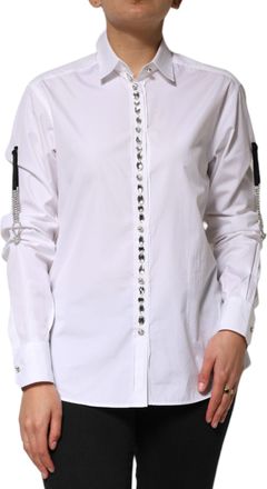 Dolce & Gabbana Womens White Crystal Embellished Collared Shirt Top Cotton