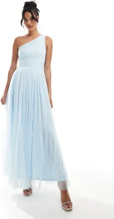 Lace & Beads Bridesmaid one-shoulder tulle maxi dress in sky blue