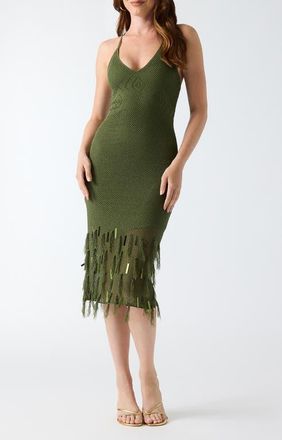 Guess Myra Lace Back Fringed Midi Dress in Green at Nordstrom, Size X-Small
