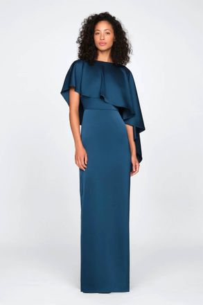 Theia Karis Cape Column Gown In Teal
