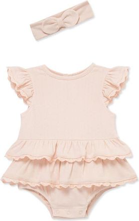 Little Me Seashell Lace Bubble Bubble Romper & Headband Set in Pink at Nordstrom, Size 12M