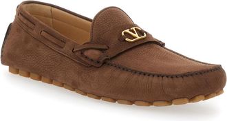 Valentino Garavani Mens Brown Suede Loafers With Vlogo Plaque Calf