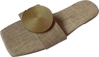 Generic Women Flat Sandals Solid Color Square Toe Sandals Fashion Beach Sandal Leather Strap Embellished Sandal Comfortable Cotton Linen Blend Casual Walking 