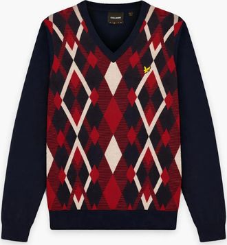 Lyle & Scott Mens Lyle and Scott Dark Navy/Cherry Red Cotton V Neck Jumper - Size: 40