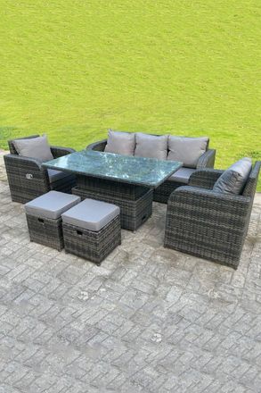 Fimous Rattan Outdoor Lifting Adjustable Dining Coffee Table Sets Lounge Sofa Recling Chairs Footstools in Dark Grey