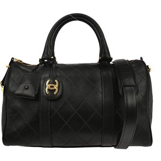 Chanel Vintage Diamond Stitch Boston Bag Quilted Lambskin Black Leather Handbag (Pre-Owned)